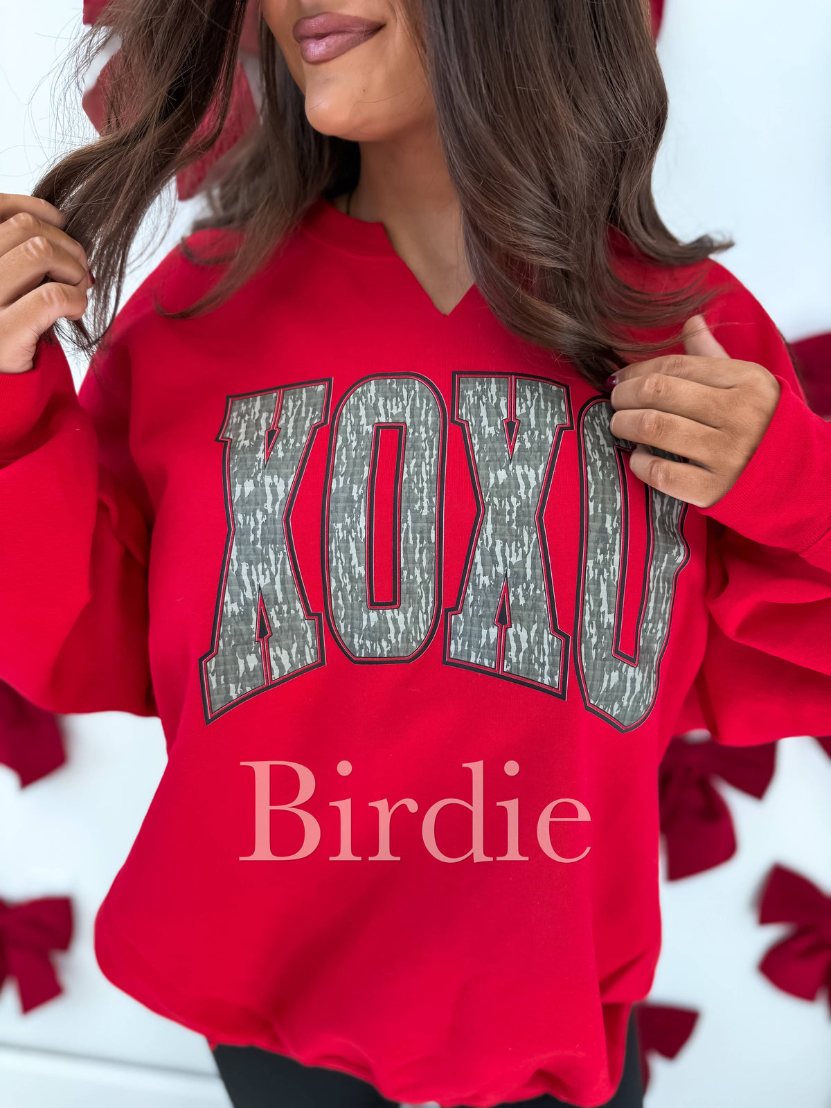 XOXO Bottomland Camo Split Neck Graphic Crewneck on Red
